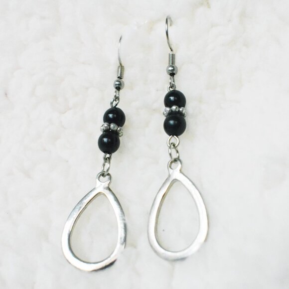 Black and Silver Teardrop Dangle Earrings Handmade Hypoallergenic Jewelry - Picture 2 of 5